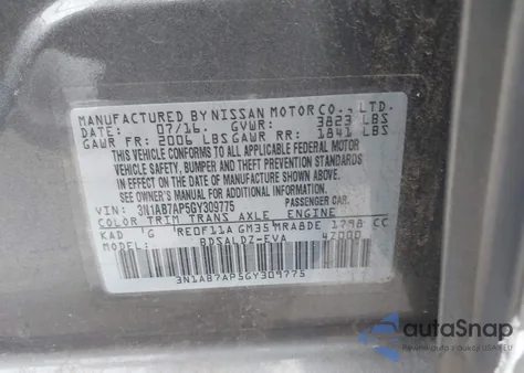2016 Nissan Sentra Sv z USA, uszkodzony, nr VIN 3N1AB7AP5GY309775